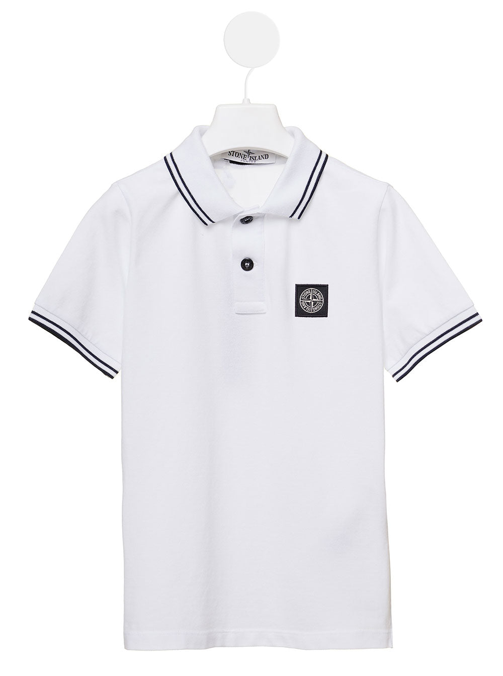 White Polo With Logo Patch And Stripe Detail Cotton Stretch Boy Stone Island Kids Elastan Tshirts Shirts