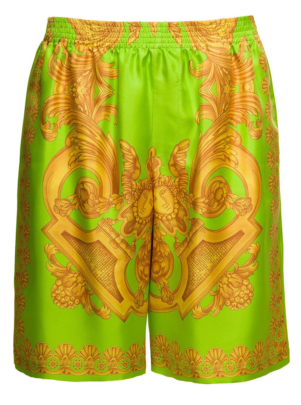 Green And Gold Shorts With All-Over Barrocco Print Silk Man Bermuda
