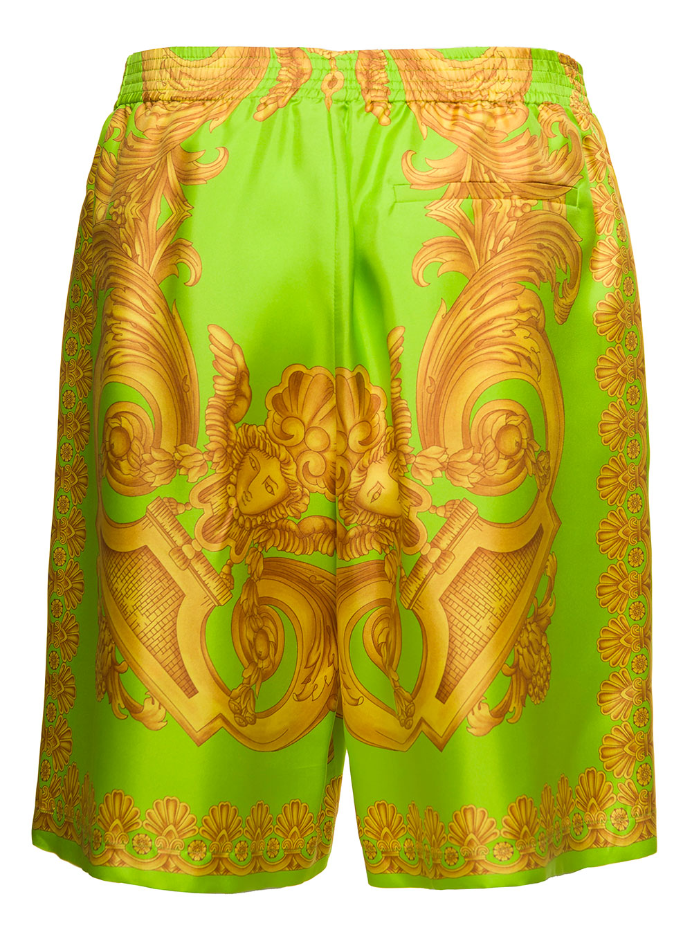 Green And Gold Shorts With All-Over Barrocco Print Silk Man Bermuda