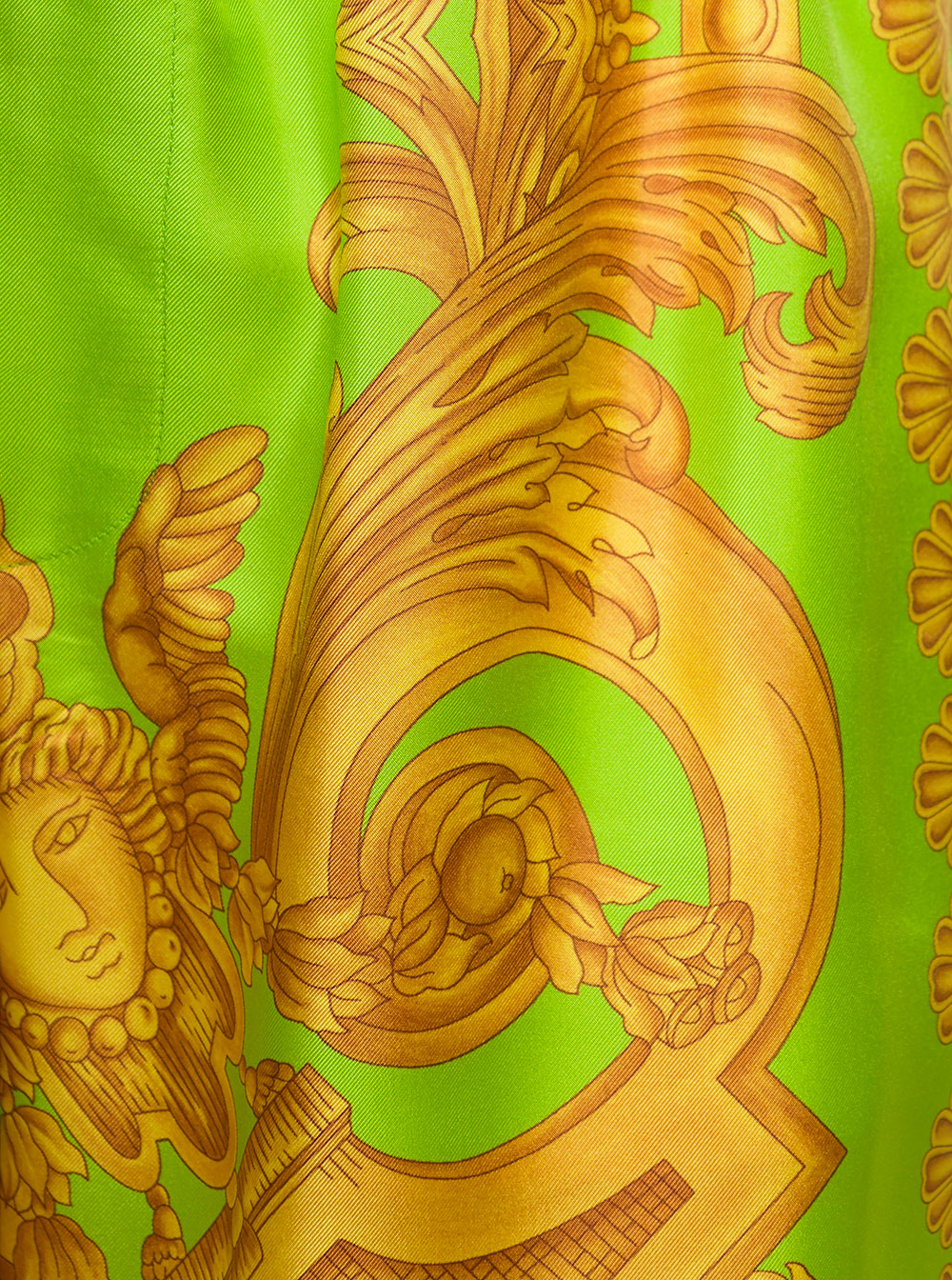 Green And Gold Shorts With All-Over Barrocco Print Silk Man Bermuda