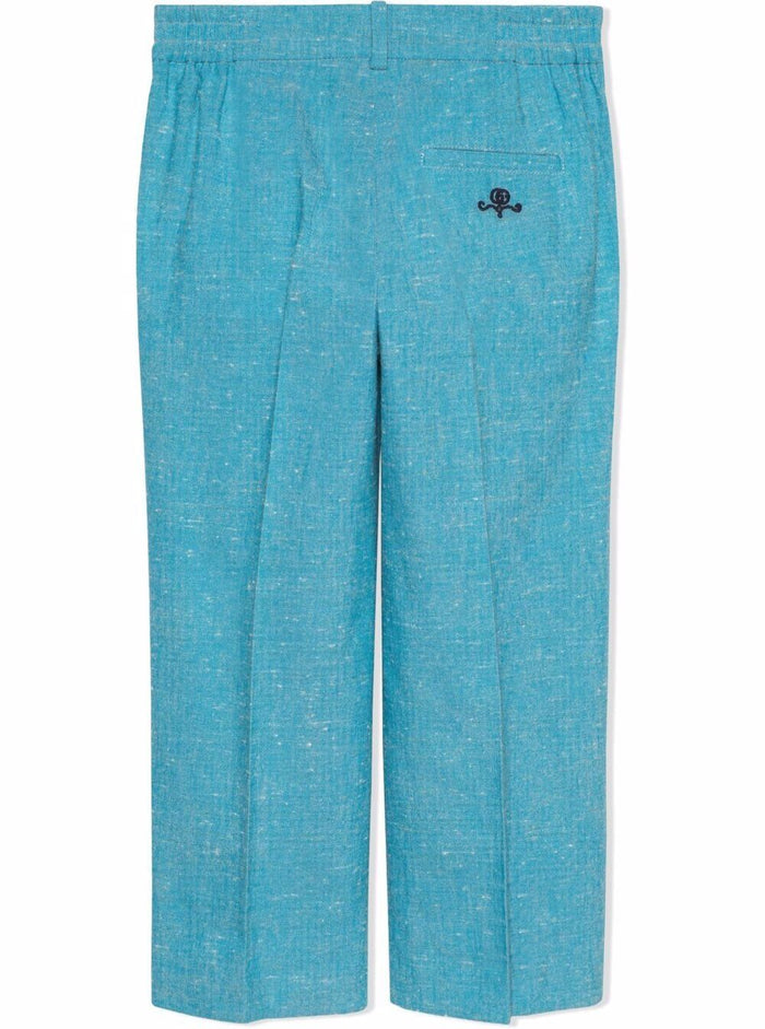 Light Blue Cotton Twill Pants With Logo Viscose Linen Jean