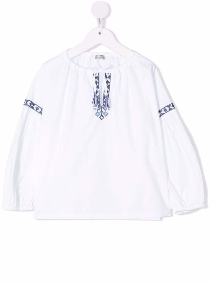 White Cotton Blouse With Ikat Inserts Elastane Shirts And Blouses