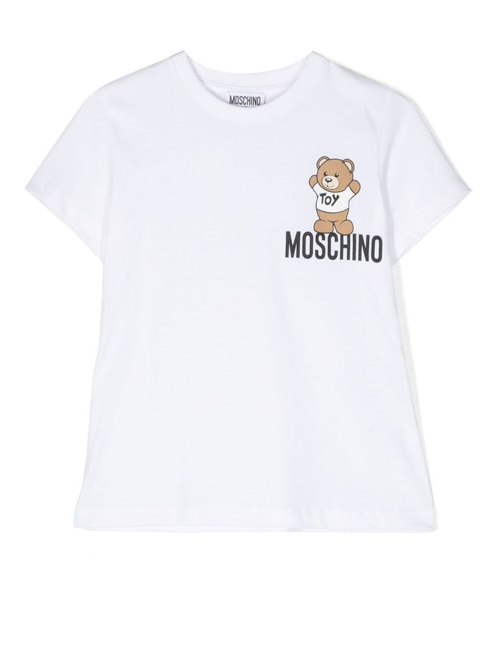 White Crewneck T-Shirt With Baby Bear Logo Print Cotton Boy Moschino Kids Tshirts And Polo Shirts