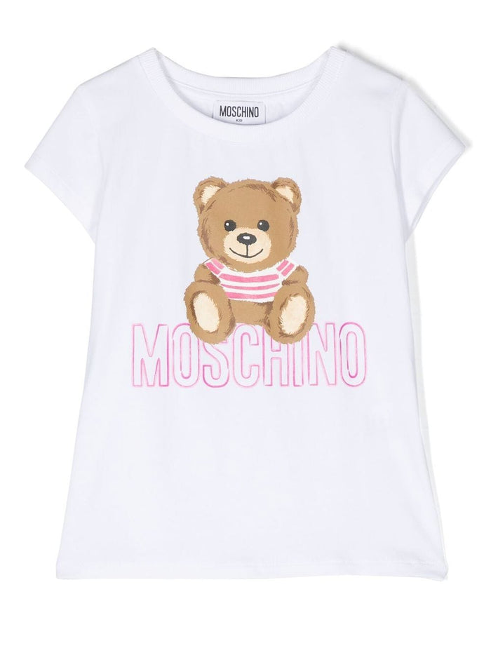 White Crewneck T-Shirt With Baby Bear Logo Print Stretch Cotton Girl Moschino Kids Elastane Tshirts And Polo Shirts