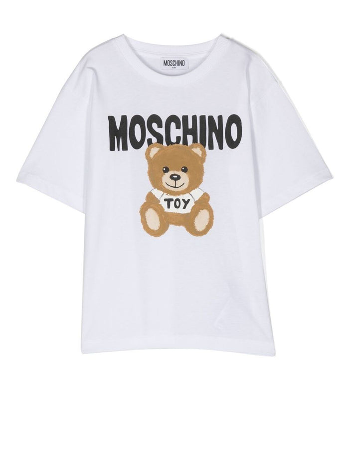 White Crewneck T-Shirt With Baby Bear Print Cotton Boy Moschino Kids Tshirts And Polo Shirts