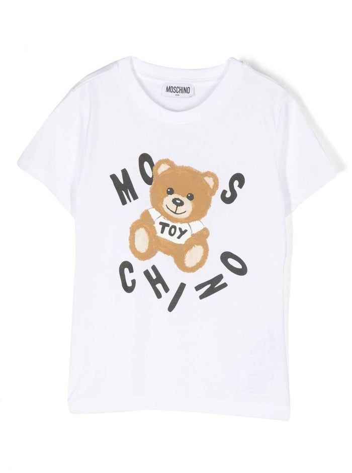 White Crewneck T-Shirt With Baby Bear Lettering Print Cotton Boy Moschino Kids Tshirts And Polo Shirts