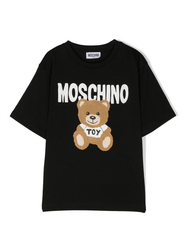 Black Crewneck T-Shirt With Baby Bear Print Cotton Boy Moschino Kids Tshirts And Polo Shirts