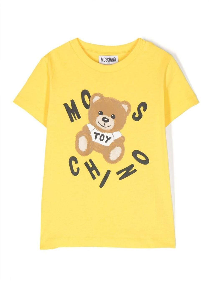 Yellow Crewneck T-Shirt With Baby Bear Lettering Print Cotton Boy Moschino Kids Tshirts And Polo Shirts