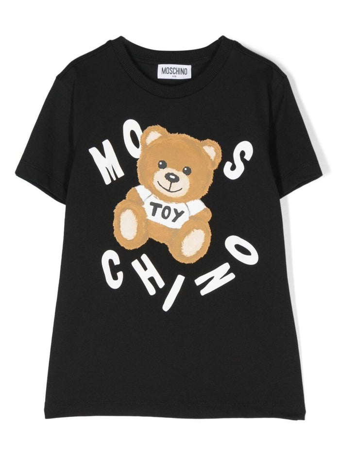 Black Crewneck T-Shirt With Baby Bear Lettering Print Cotton Boy Moschino Kids Tshirts And Polo Shirts