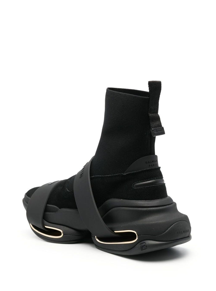 B-Bold Black Chunky High-Top Sneakers With Logo Straps Stretch Polyester Man Balmain Elastane