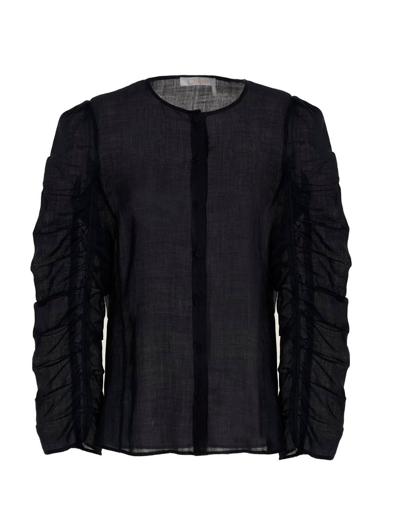 Gathered Sleeve Blouse Blue Ramie Shirt