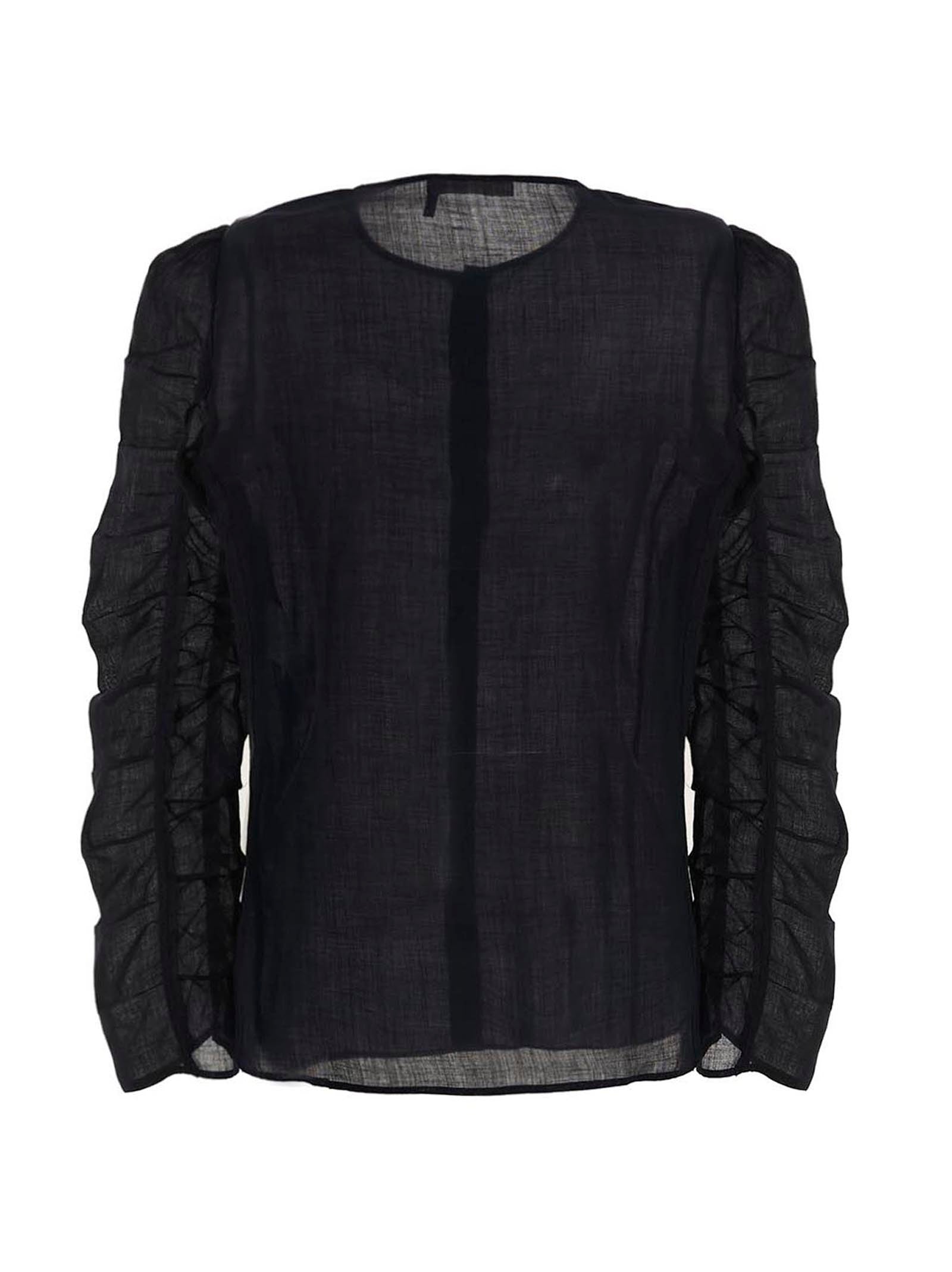 Gathered Sleeve Blouse Blue Ramie Shirt