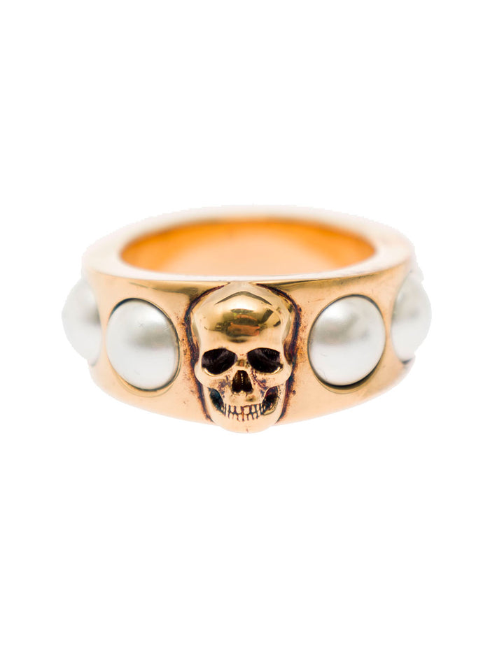 Antique Gold-Tone Ring With Skull And Pearl Embellishment Brass Metallic Rings
