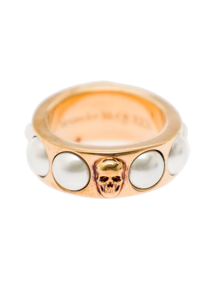 Antique Gold-Tone Ring With Skull And Pearl Embellishment Brass Metallic Rings
