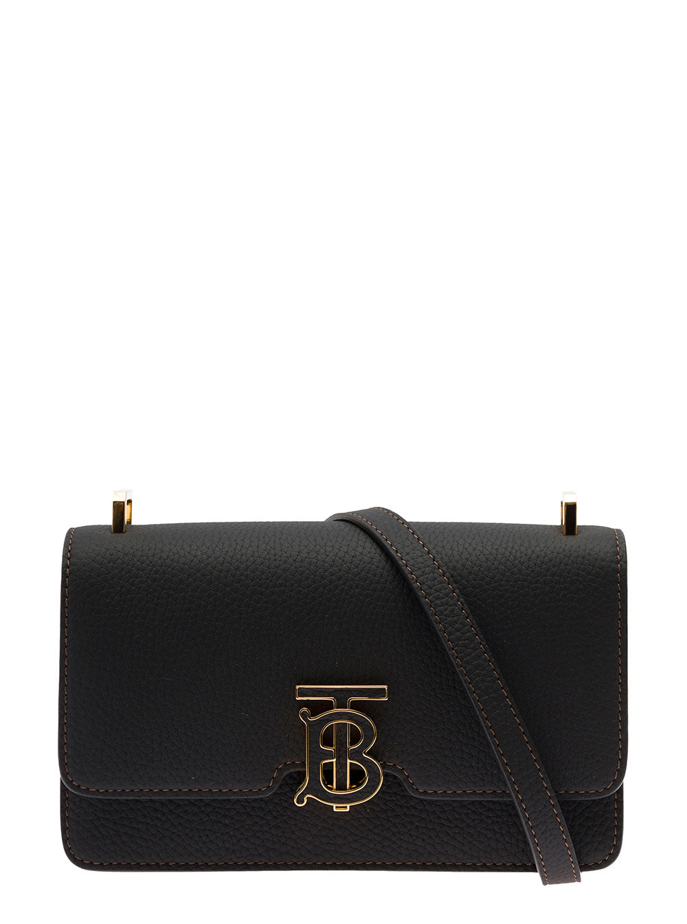 Black Shoulder Bag With Tonal Tb Logo Grainy Leather Woman Calf Crossbody