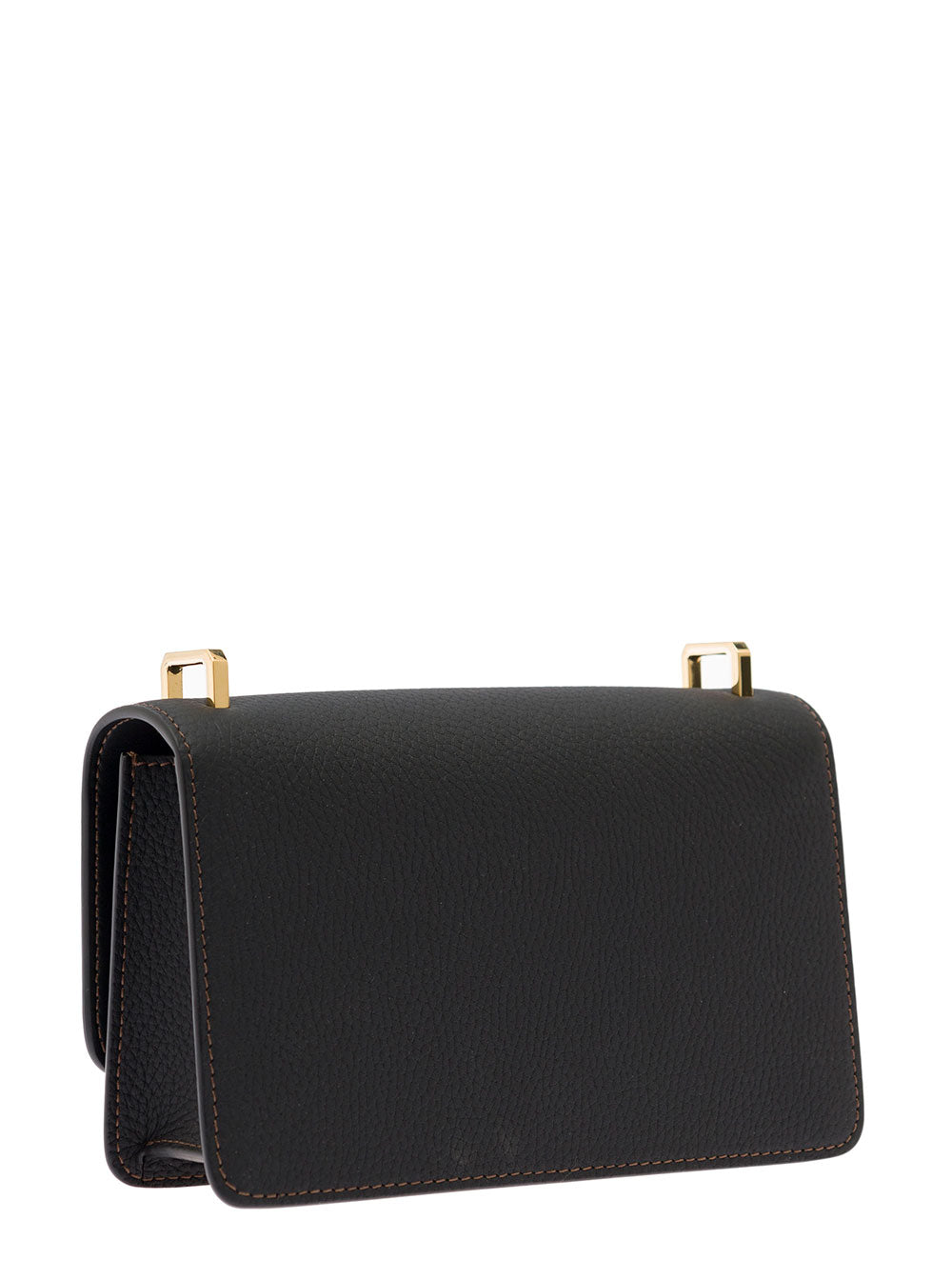 Black Shoulder Bag With Tonal Tb Logo Grainy Leather Woman Calf Crossbody
