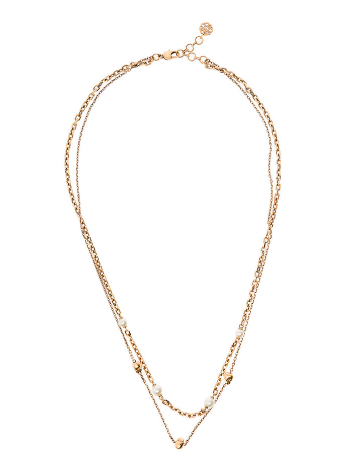 Anticque Gold-Tone Layered Necklace With Pearls And Skull Charm Brass Metallic Necklaces