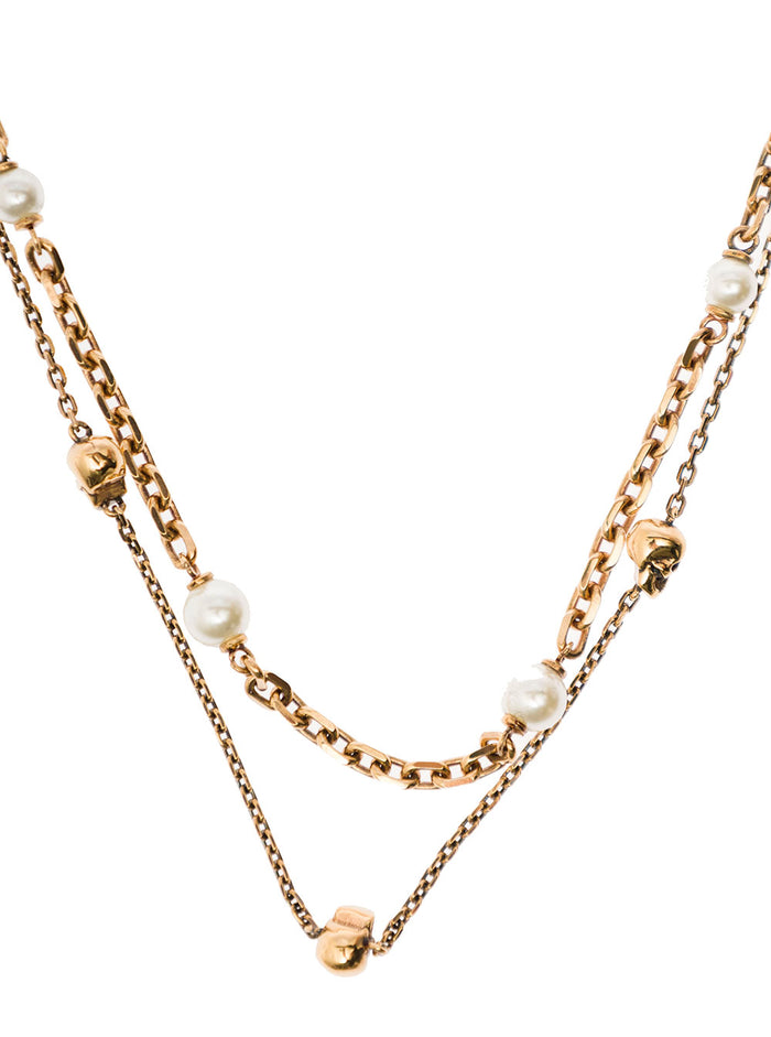 Anticque Gold-Tone Layered Necklace With Pearls And Skull Charm Brass Metallic Necklaces