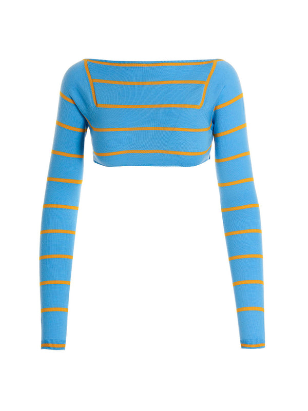 Emilio Pucci Striped Wool Cut-Out Crop Sweater — Blue