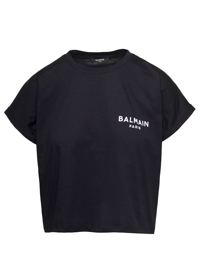 Black Cropped T-Shirt With Contrasting Logo Lettering Cotton Woman Tshirts And Polo Shirts