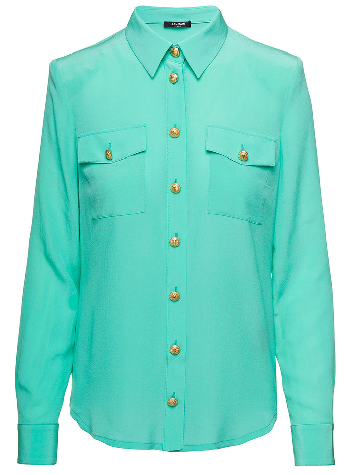 Light Blue Shirt With Jewel Buttons And Pockets Crepe De Chine Woman Green Silk Blouses