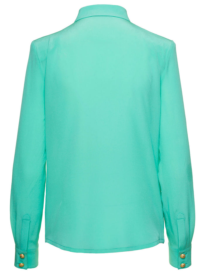 Light Blue Shirt With Jewel Buttons And Pockets Crepe De Chine Woman Green Silk Blouses