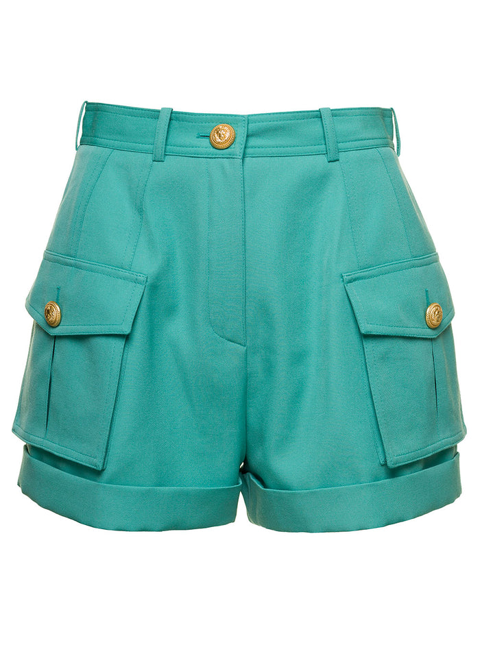 Light Blue Shorts With Cuff And Jewel Buttons Wool Woman Green Bermuda