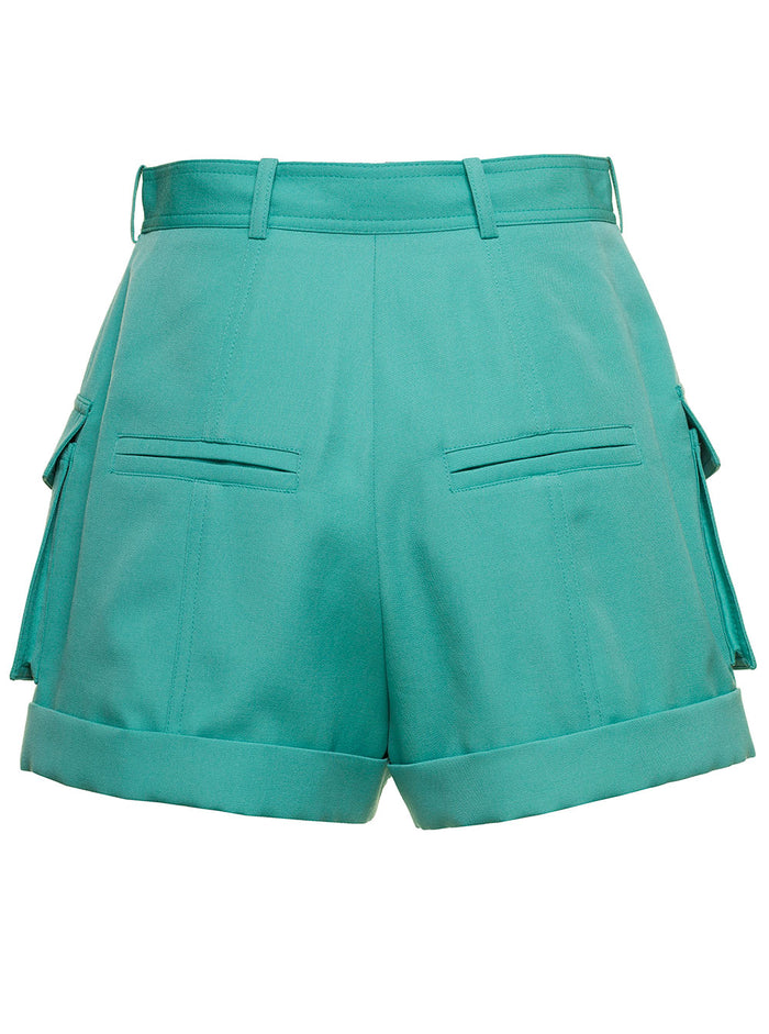 Light Blue Shorts With Cuff And Jewel Buttons Wool Woman Green Bermuda