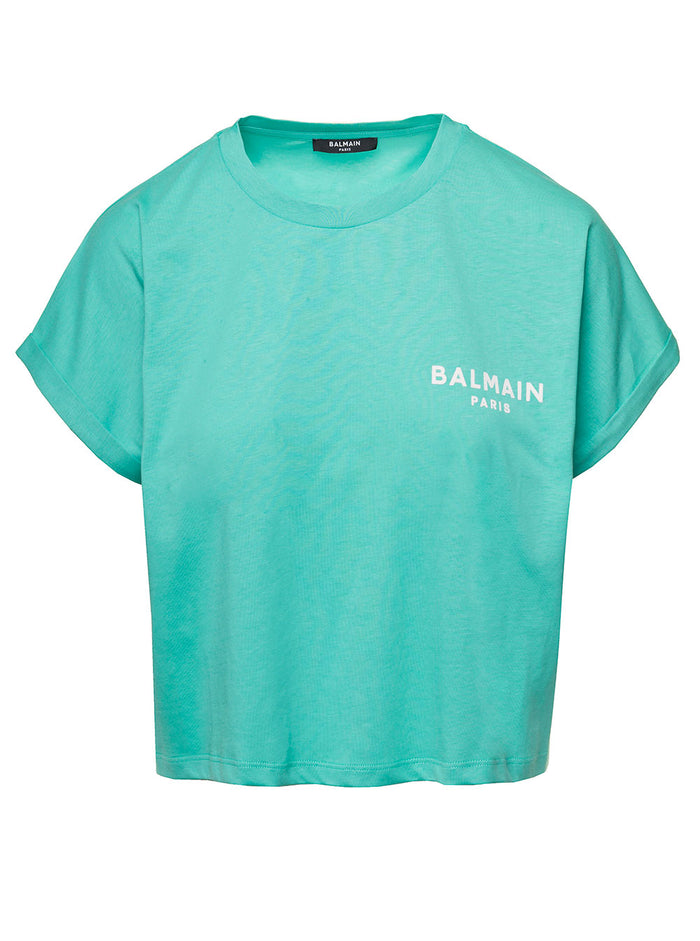 Light Blue Cropped T-Shirt With Contrasting Logo Lettering Cotton Woman Green Tshirts And Polo Shirts