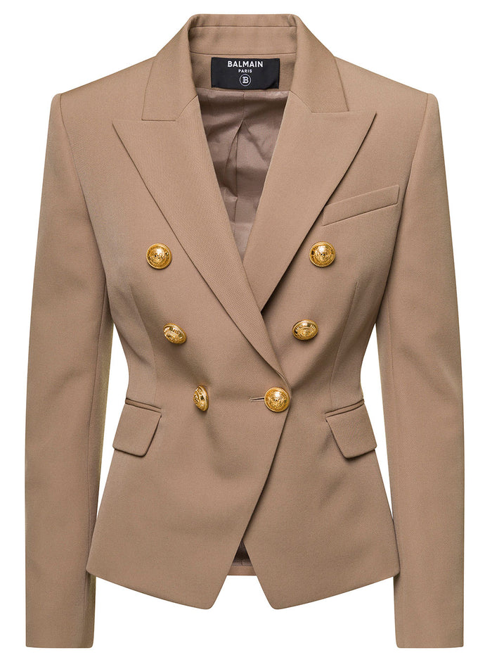 Light Brown Short 6-Pocket Double-Breasted Jacket Wool Woman Beige Blazers