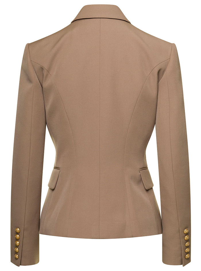 Light Brown Short 6-Pocket Double-Breasted Jacket Wool Woman Beige Blazers