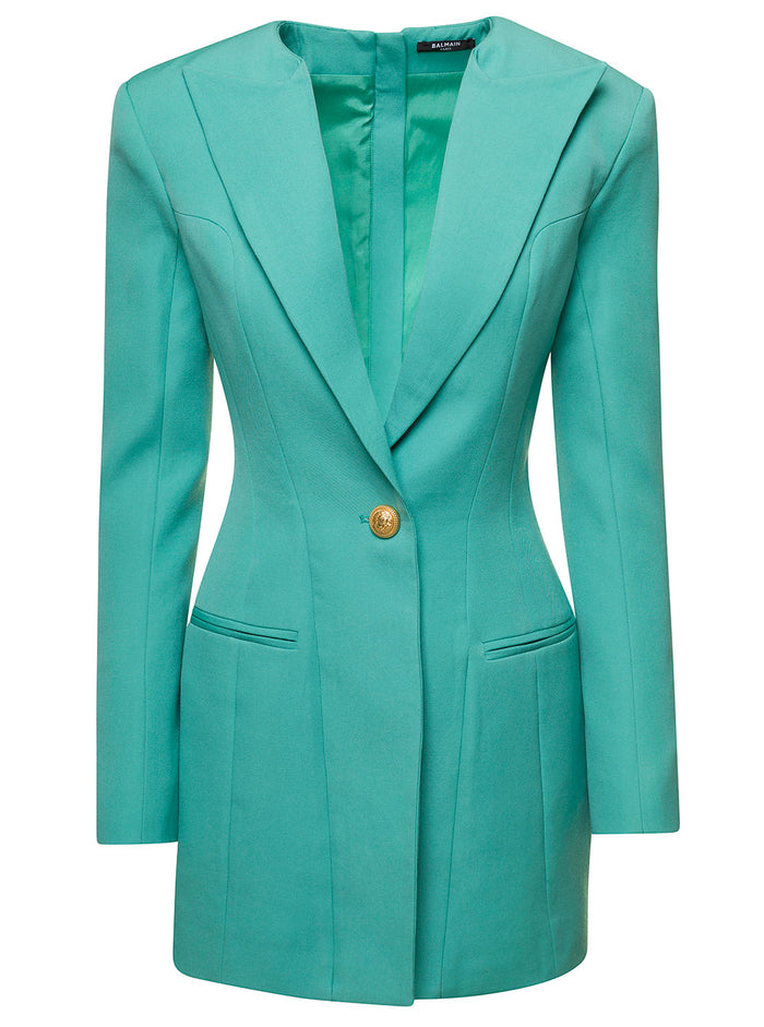 Light Blue Tailored Blazer Dress With Padded Shoulders Wool Woman Green