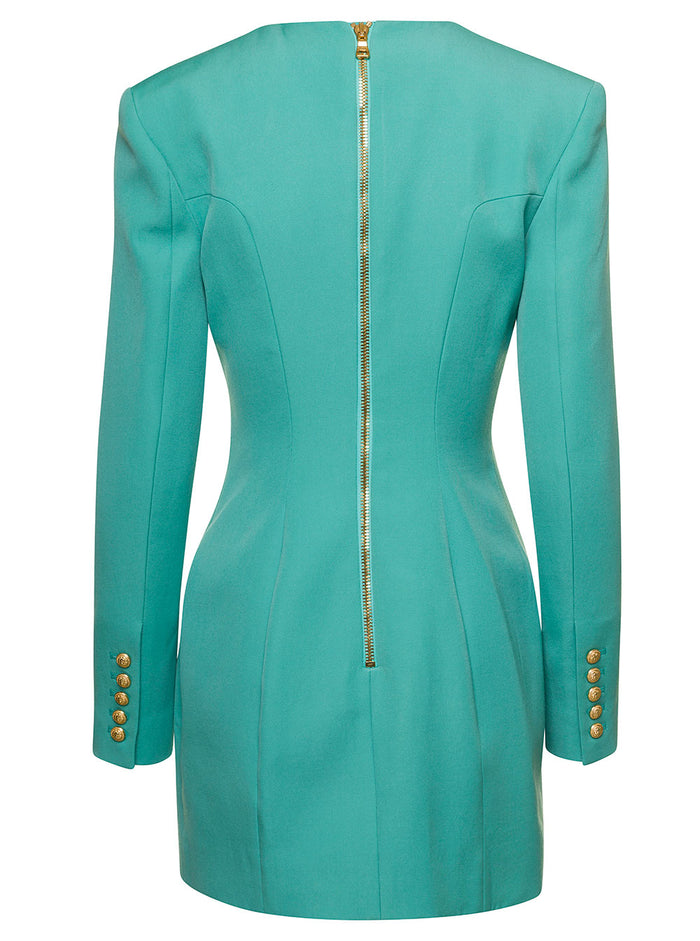 Light Blue Tailored Blazer Dress With Padded Shoulders Wool Woman Green
