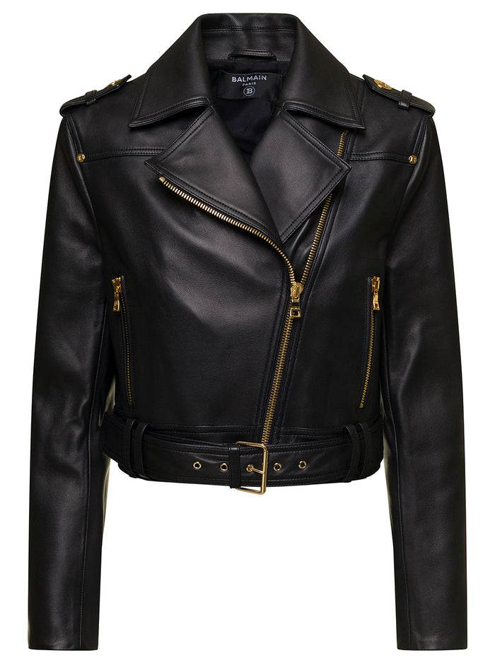 Black Cropped Belted Leather Biker Jacket Faux Woman Viscose Cotton