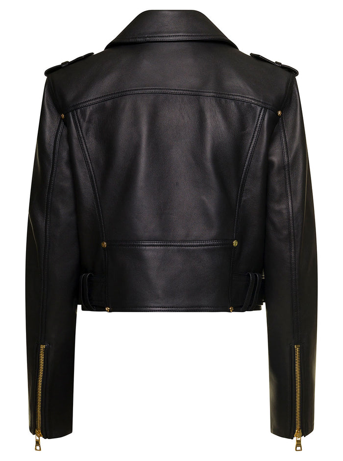 Black Cropped Belted Leather Biker Jacket Faux Woman Viscose Cotton