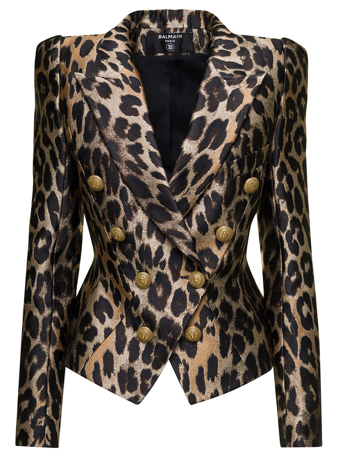Short 8 Buttons Double-Breasted Jacket With Jacquard Leopard Motif Polyester Blend Woman Brown Acetate Silk Blazers