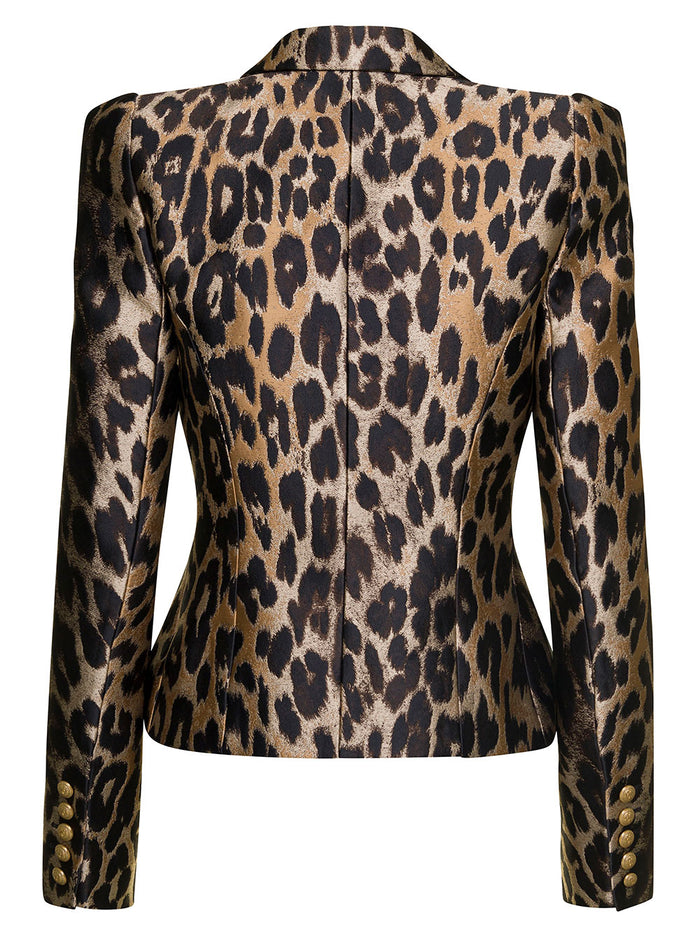 Short 8 Buttons Double-Breasted Jacket With Jacquard Leopard Motif Polyester Blend Woman Brown Acetate Silk Blazers