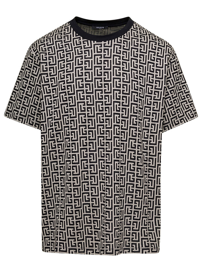 Black T-Shirt With All-Over Monogram Print Cotton Man Grey Tshirts And Polo Shirts