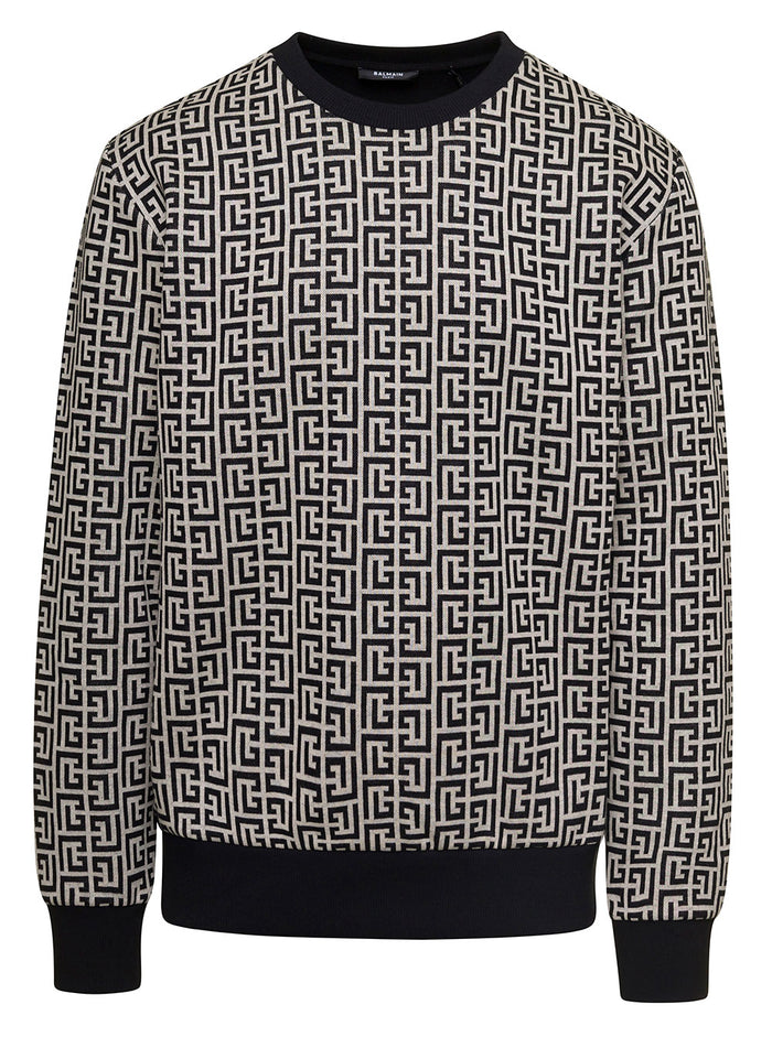 Black Crewneck Sweatshirt With All-Over Monogram Print Cotton Man Sweatshirts