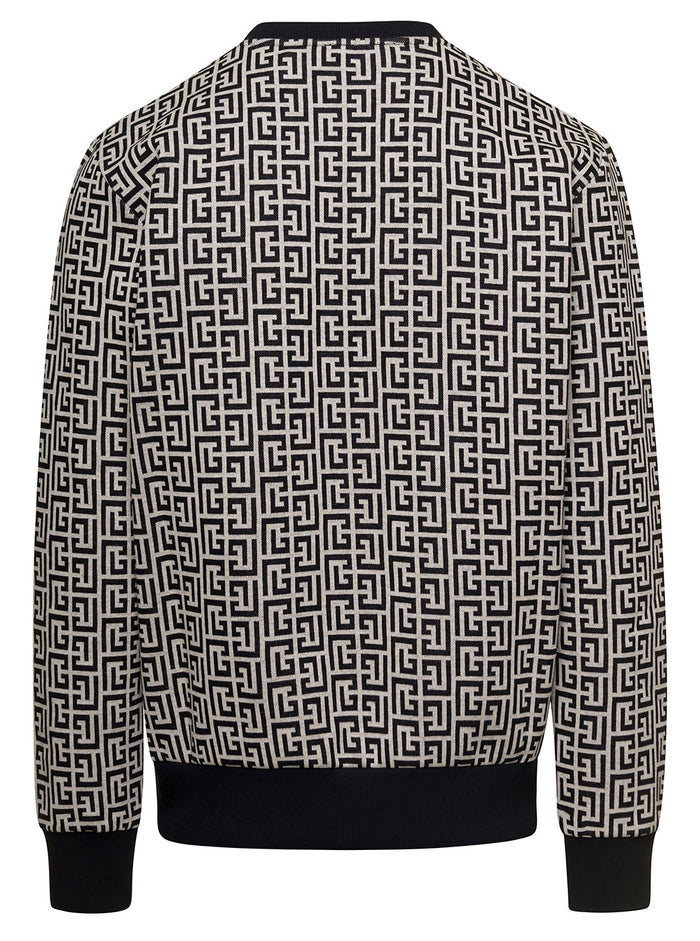 Black Crewneck Sweatshirt With All-Over Monogram Print Cotton Man Sweatshirts