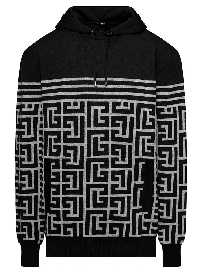 Black Hoodie With Monogram And Stripes Wool Linen Man Polyamide Jersey