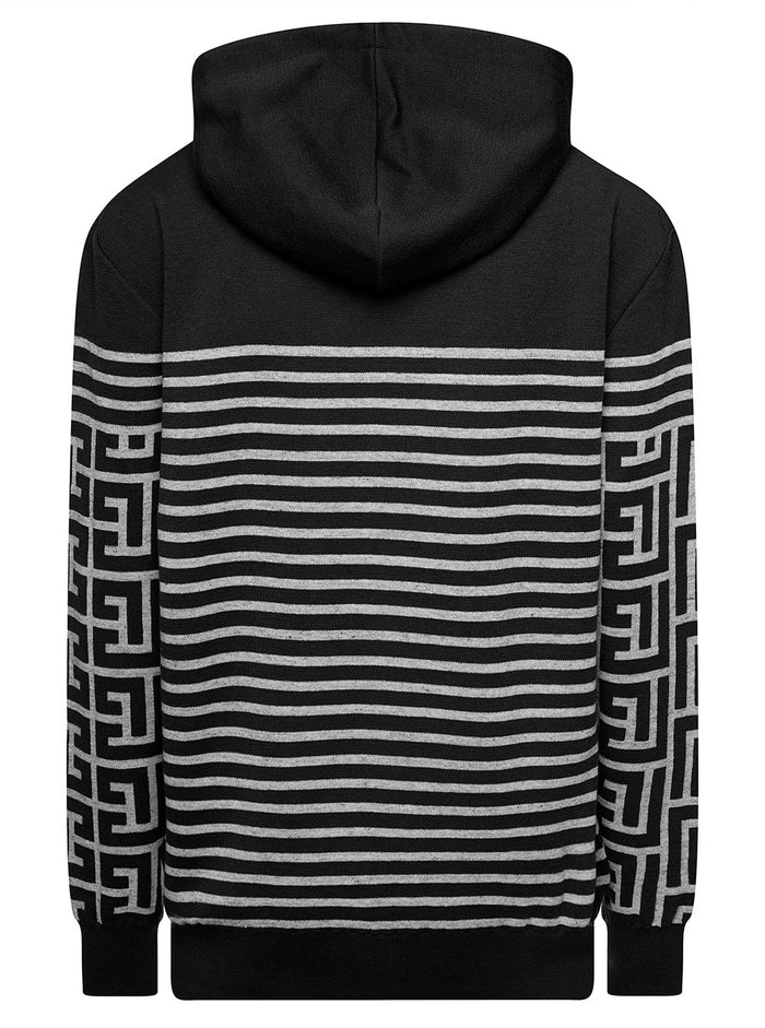 Black Hoodie With Monogram And Stripes Wool Linen Man Polyamide Jersey