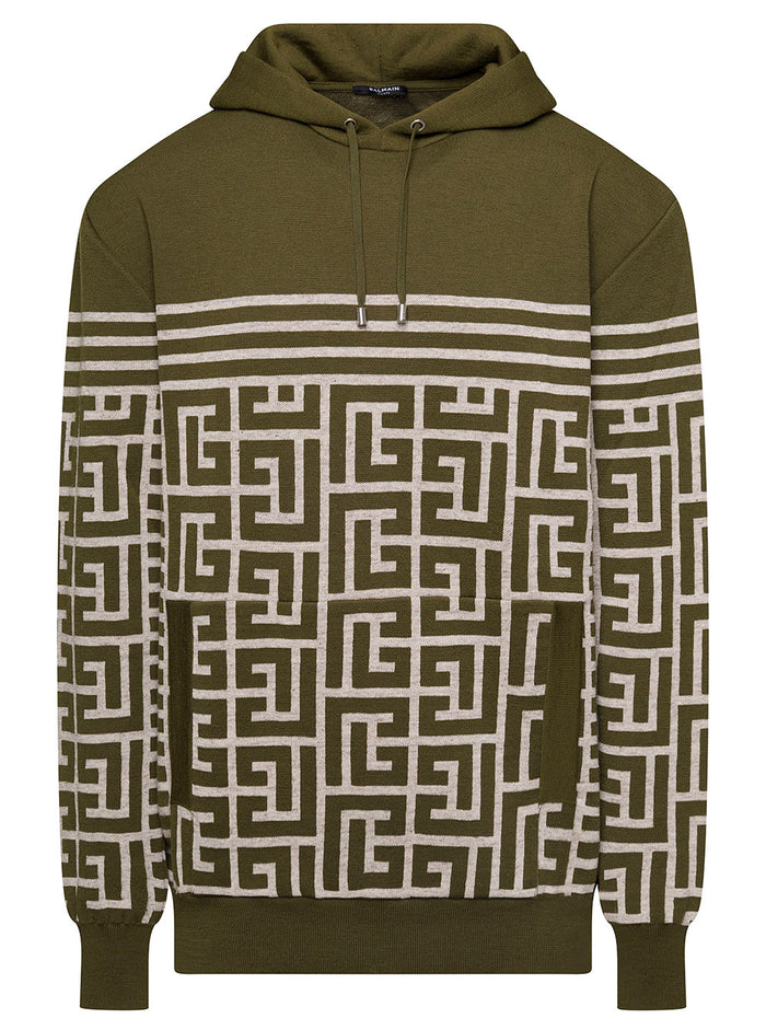 Military Green Hoodie With Monogram And Stripes Wool Linen Man Polyamide Jersey