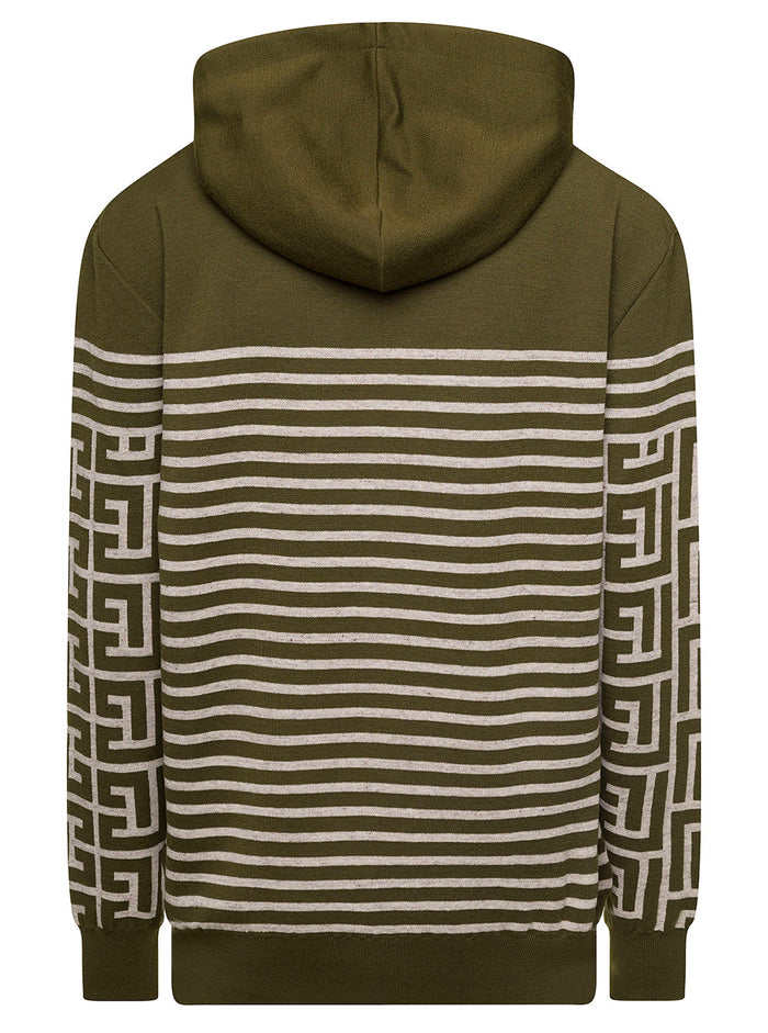 Military Green Hoodie With Monogram And Stripes Wool Linen Man Polyamide Jersey
