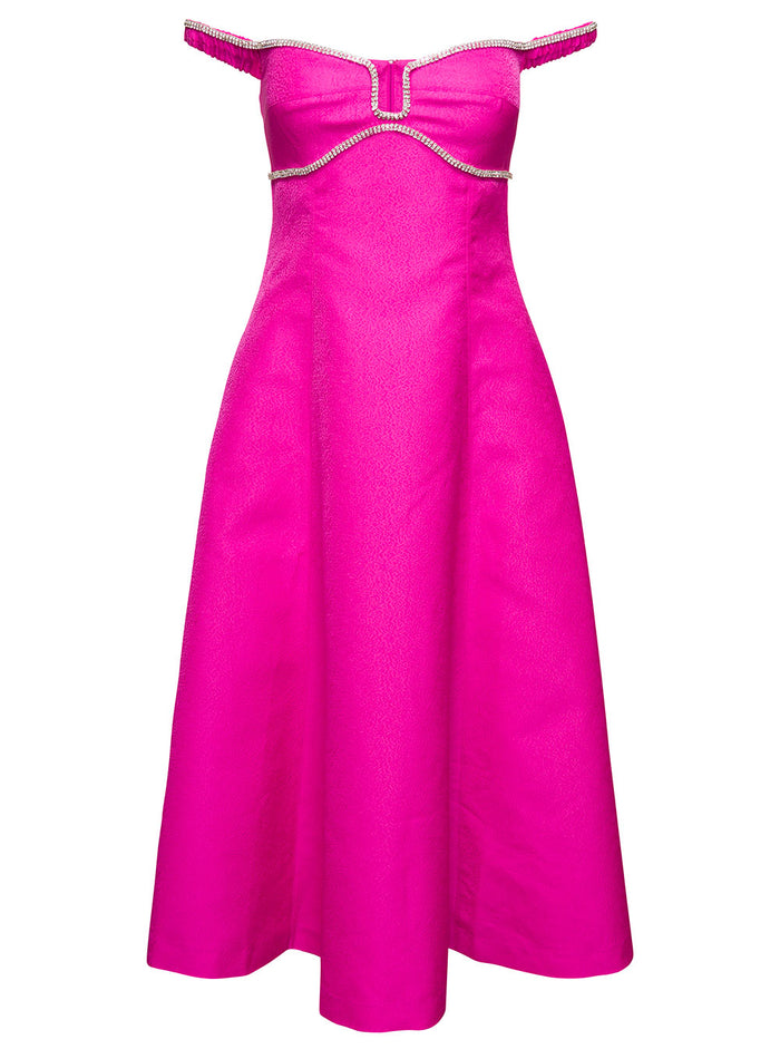 Off-Shoulder Flared Midi Dress With Crystal Embellished Detailing Pink Satin Woman Fuxia Polyester Nylon