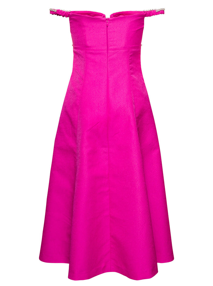 Off-Shoulder Flared Midi Dress With Crystal Embellished Detailing Pink Satin Woman Fuxia Polyester Nylon