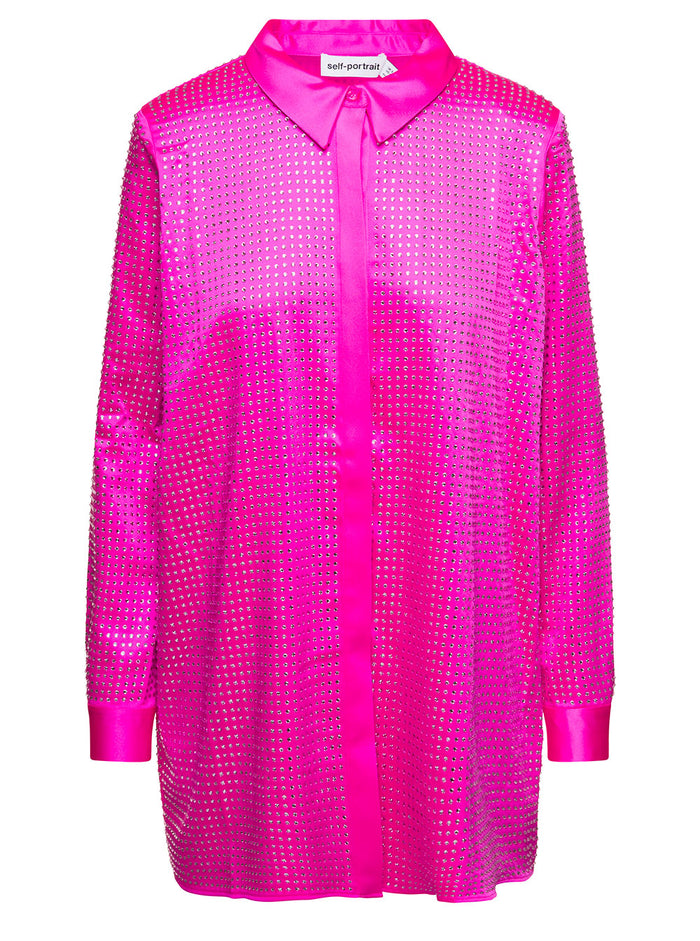 Shirt With All-Over Crystal Embellishment Fuchsia Satin Woman Fuxia Polyester Elastane And Blouses