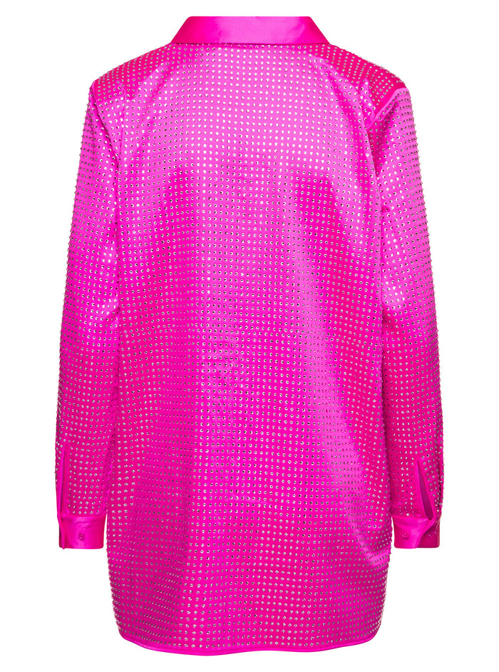 Shirt With All-Over Crystal Embellishment Fuchsia Satin Woman Fuxia Polyester Elastane And Blouses