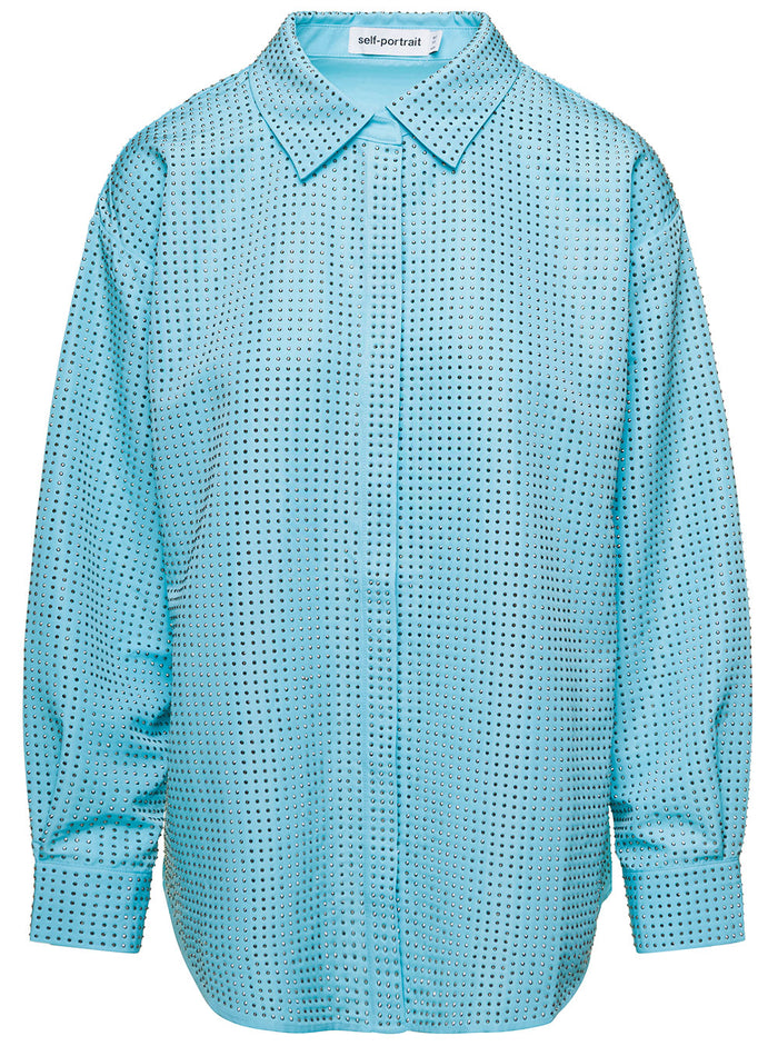 Shirt With All-Over Crystal Embellishment Light Blue Technical Fabric Woman Polyester And Blouses