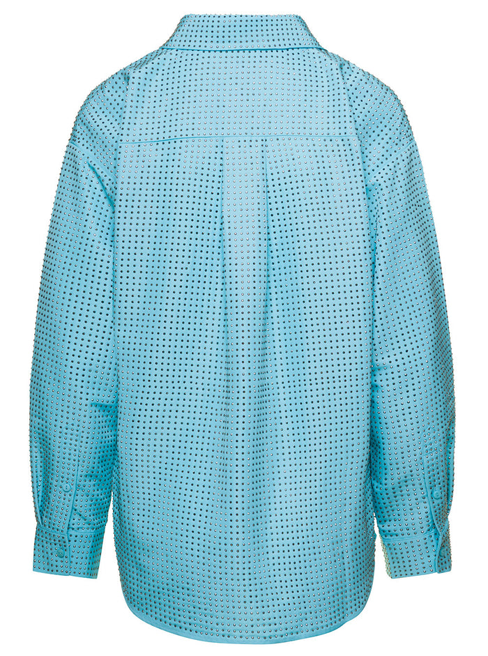 Shirt With All-Over Crystal Embellishment Light Blue Technical Fabric Woman Polyester And Blouses